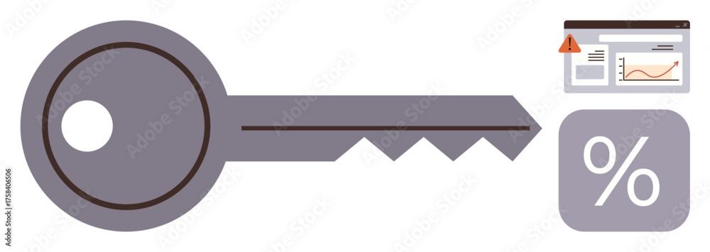 Fototapeta premium Key alongside data analytics dashboard with alert icon and percentage sign. Ideal for security, data access, financial analysis, risk management, cybersecurity, business strategy, or