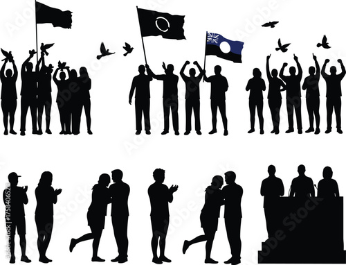 Silhouette Set of People Celebrating with Flags, Birds, and Podium Scenes Representing Unity, Recognition, and Symbolic Events on White Background