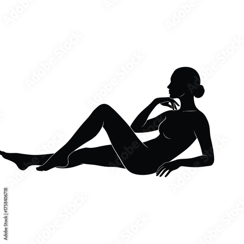 Silhouette of a woman reclining with her hand on her chin against a white background art