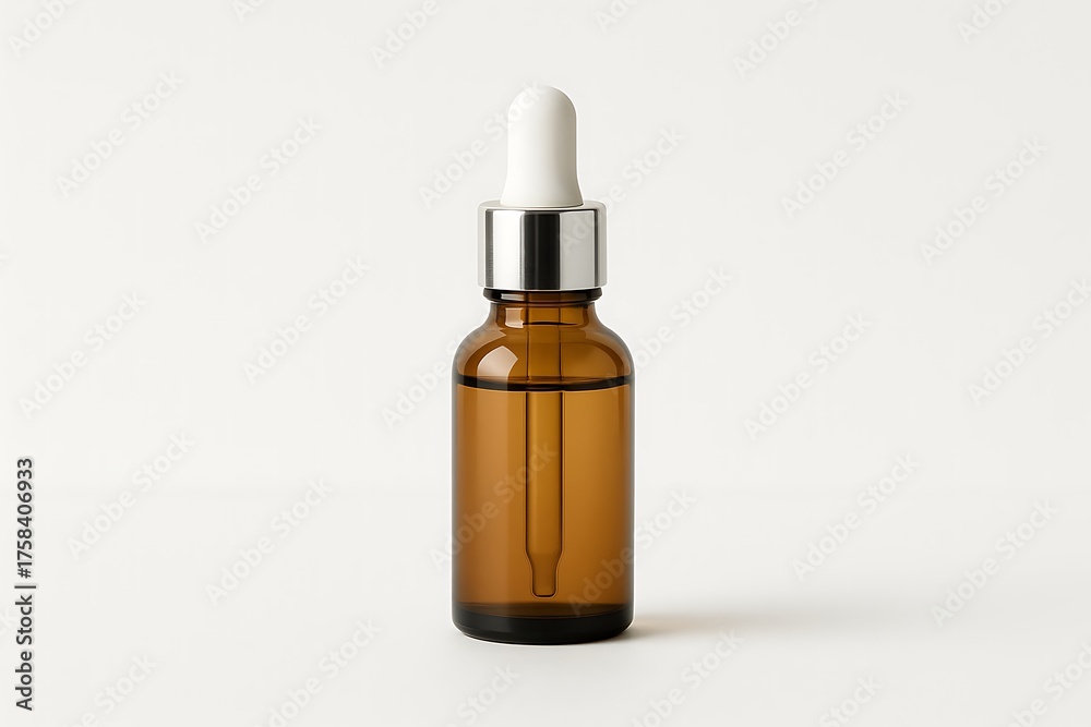 Fototapeta premium Glass Serum Bottle Skincare, Minimalist Cosmetic Dropper Isolated on White Background