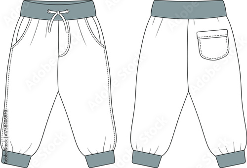 Children jogger pants technical flat sketch, fashion CAD drawing, vector illustration, apparel design template, ribbed waistband cuffs, garment construction details