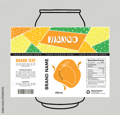 Mango Juice Bottle Label modern Template, Colorful Beverage jar Packaging with Brand Identity.