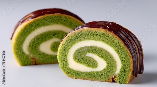 Two slices of green cake with chocolate drizzle. The cake is rolled up and has a chocolate glaze