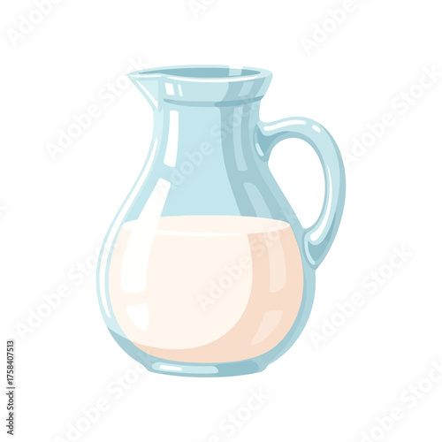 A clear glass pitcher filled with a light-colored liquid, likely milk, on a white background.