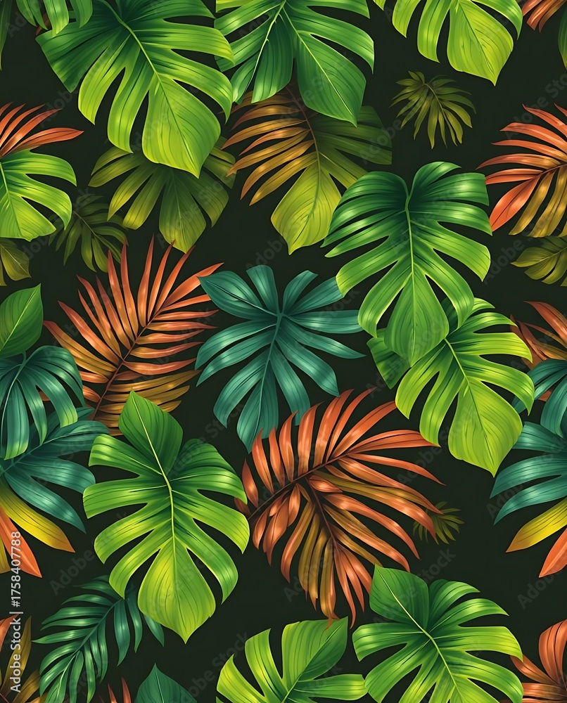 Fototapeta premium Vibrant Seamless Pattern of Exotic Tropical Foliage, Featuring Lush Monstera and Palm Leaves in Gradient Green and Orange Hues on a Dark Background, Perfect for Modern Design