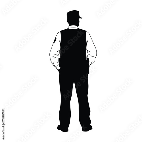 A full body silhouette of a security guard standing with hands in pockets facing away from viewer