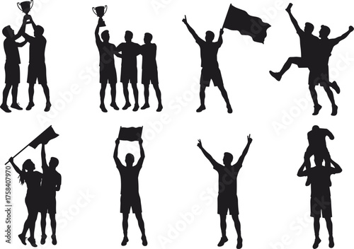 Silhouette vector set of celebration, victory, trophy holding, flag waving, sports achievement, joyful poses, teamwork, emotional moments