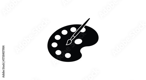 Simple black silhouette of an artist s paint palette with a brush in the middle isolated on a white background silhouette