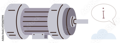 Electric motor with detailed rotor design paired with a speech bubble and text. Ideal for engineering, technology, machinery, energy, innovation, industrial processes, education. Simple flat metaphor