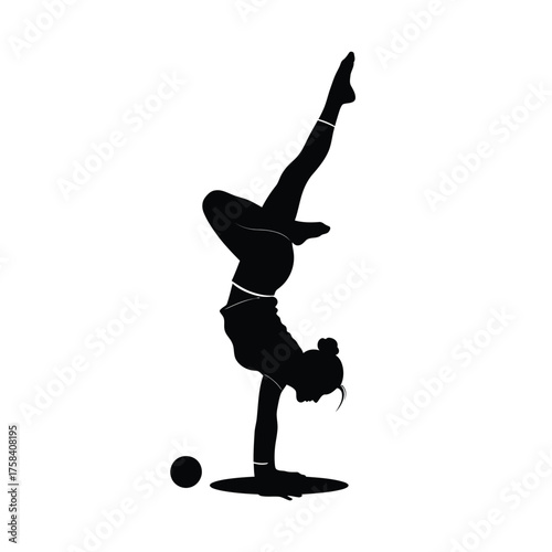 Silhouette of a woman in a handstand with one leg extended and a ball on a white background