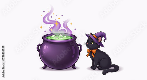 Cute Black Cat with Witch Hat and Magic Cauldron on White Background