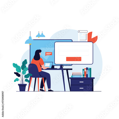 A woman works remotely on her laptop at a desk with a computer screen and books.