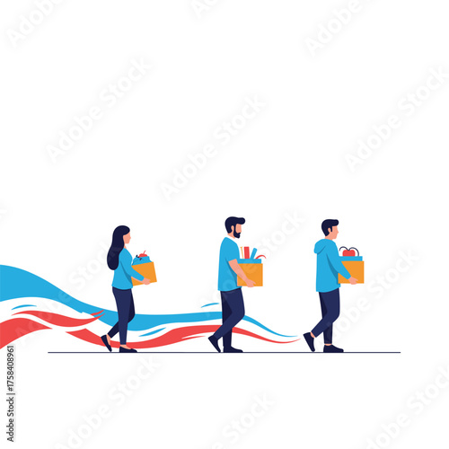 Three employees leaving their workplace with their belongings in boxes representing job loss and career transition.
