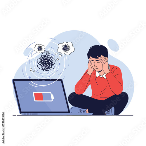 Young man feeling stressed and overwhelmed by low battery and chaotic thoughts.