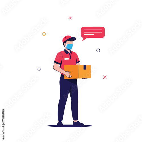 Delivery person wearing a mask holding a package and communicating through a speech bubble.