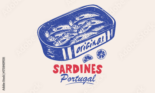 Sardines fish market in portugal. Canned fish artwork. Sardines fish artwork for t shirt print, poster, sticker and other uses. Sardines tin love club.
