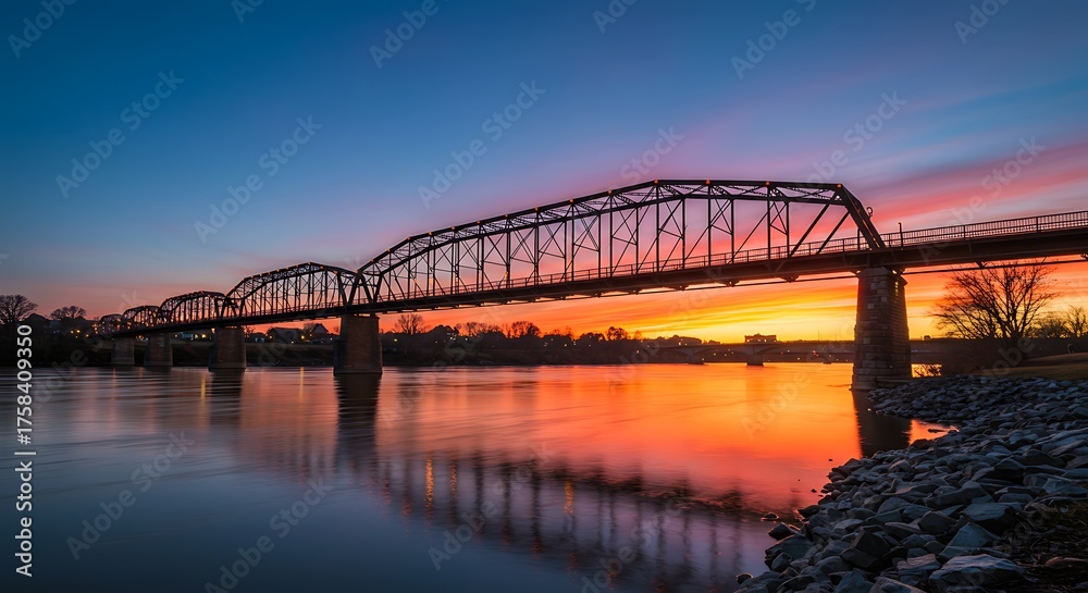 Naklejka premium Dramatic bridge silhouette against vibrant sunset sky reflecting in water
