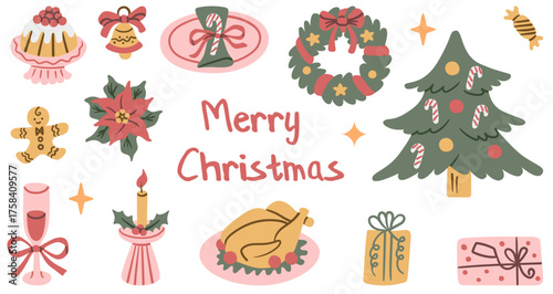 A set of cute Christmas doodle stickers. Includes a tree, wreath, gifts, holiday food, and poinsettia in a hand-drawn style for festive winter designs.