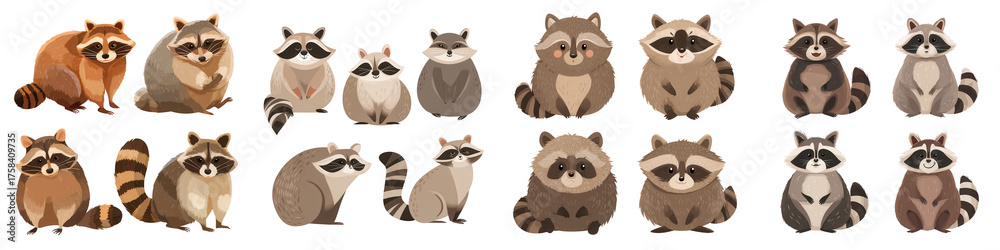 Fototapeta premium Flat Vector Raccoon Icons in Natural Tones for Design Projects