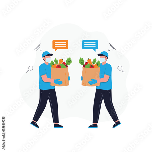 Two delivery people carrying grocery bags with fresh produce and talking via speech bubbles.