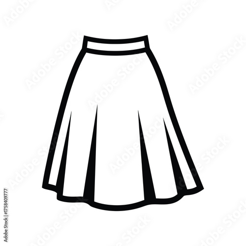 Illustration of a white skirt with black outline and pleats on a white background design silhouette