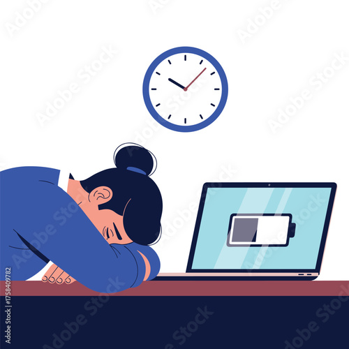 The exhaustion of an employee at their desk with a low battery laptop.