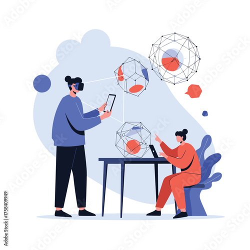 Two people interacting with virtual reality interfaces for data visualization and analysis.