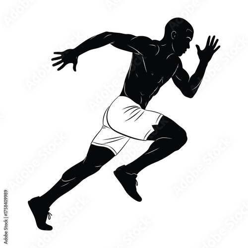 Silhouette of a muscular man running with white shorts and black shoes on a white background