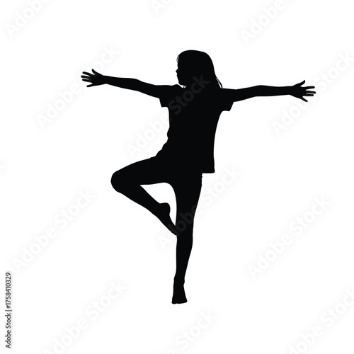 Silhouette of a girl in a tree pose with arms outstretched against a white background space