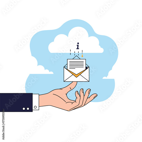 Sending and receiving digital messages through cloud services and a hand holding the envelope.