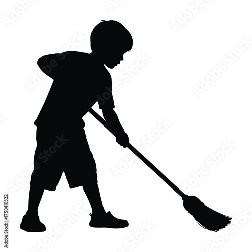 Silhouette of a young boy sweeping with a broom on a white background in a cleaning activity