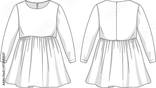 Kids dress fashion flat sketch, long sleeve children clothing design, front and back view, technical CAD drawing, vector illustration template