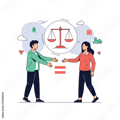 Illustrating the concept of justice and equality through balanced scales and diverse people interacting harmoniously.