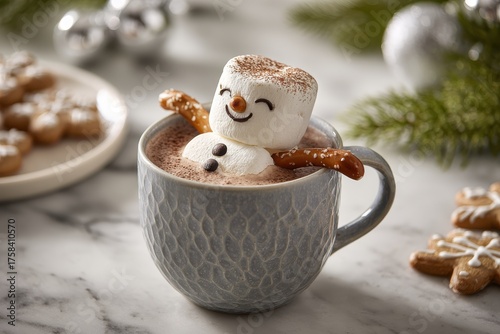 Marshmallow snowman relaxing in a mug of hot chocolate with pretzel arms for winter holiday