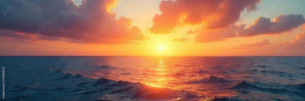 Obraz premium Breathtaking Golden Sunrise over Tranquil Ocean Serene Summer Seascape, Perfect for Travel & Relaxation
