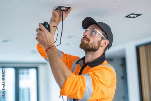 Wiring a New light fixture installation and electrical work. Electrician man installing a black lamp home lighting and spot loft style on ceiling. Electrical industry and design. Interior lighting