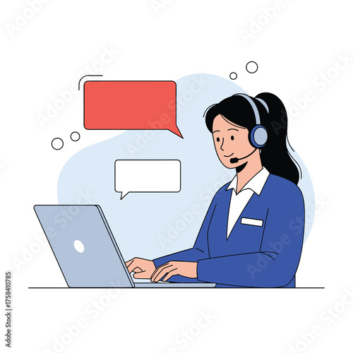 A friendly customer service representative is actively engaged in a remote support session using her laptop and headset.