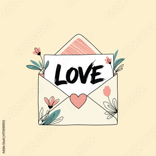 An open envelope with the word love written on a card and surrounded by flowers.