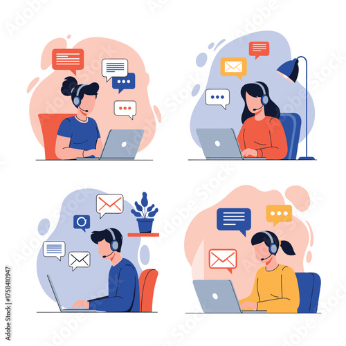 Customer support agents assisting clients with laptops and headsets.