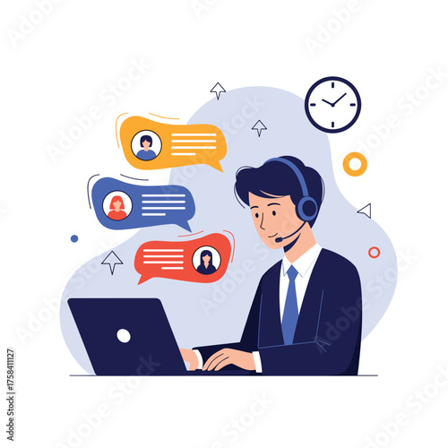 Customer support agent actively communicates with clients using a laptop and headset.