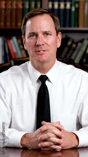 Smiling man in business attire with hands clasped indoor portrait