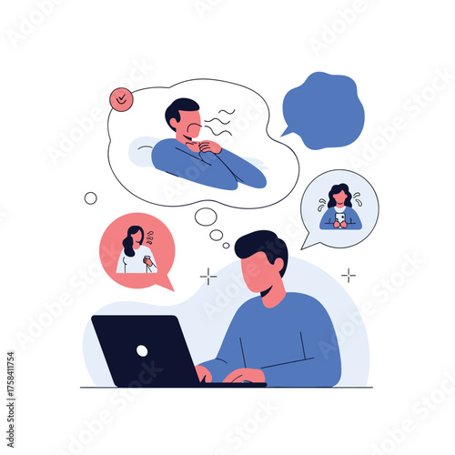 A man is working on his laptop while thinking about people and their emotions and thoughts.