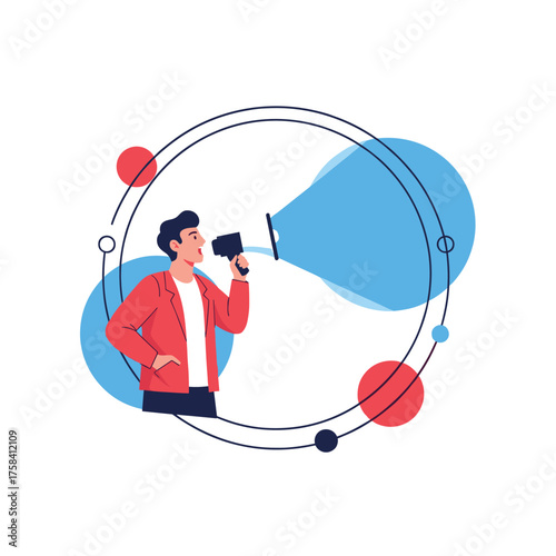 A person announces important news or shares information using a megaphone.