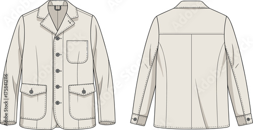 Men’s jacket technical flat sketch, fashion CAD drawing, vector illustration, apparel design template, clothing construction, garment pattern, sewing guide
