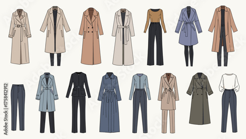 Elegant Women's Autumn/Winter Fashion Collection: Illustrated Coats, Jackets, and Professional Outfits Flat Lay