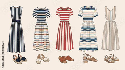 Summer Fashion Illustration: Striped Dresses and Espadrille Shoes Collection