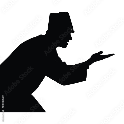 Silhouette of a man in a fez hat with outstretched hand in a black and white image