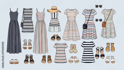 Elegant Summer Dresses & Accessories Collection: Striped, Plaid, and Solid Sundresses with Sandals, Hat, and Sunglasses Illustration