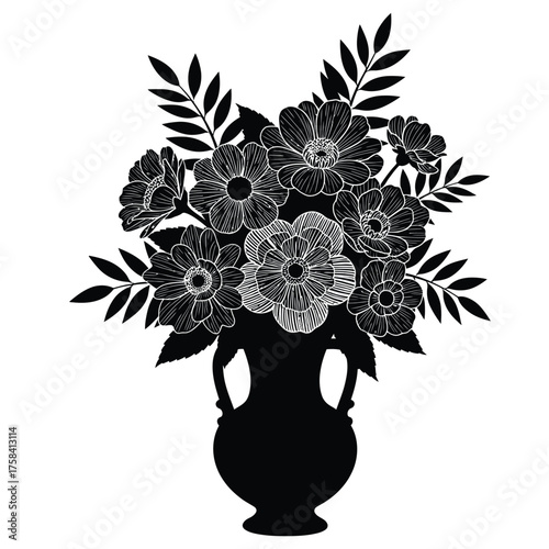 Black and white illustration of a floral arrangement in a vase with detailed line work