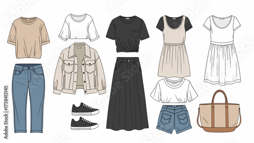 Casual Women's Fashion Essentials Flat Lay: Tops, Bottoms, Dresses, Jacket, Sneakers, and Tote Bag Set